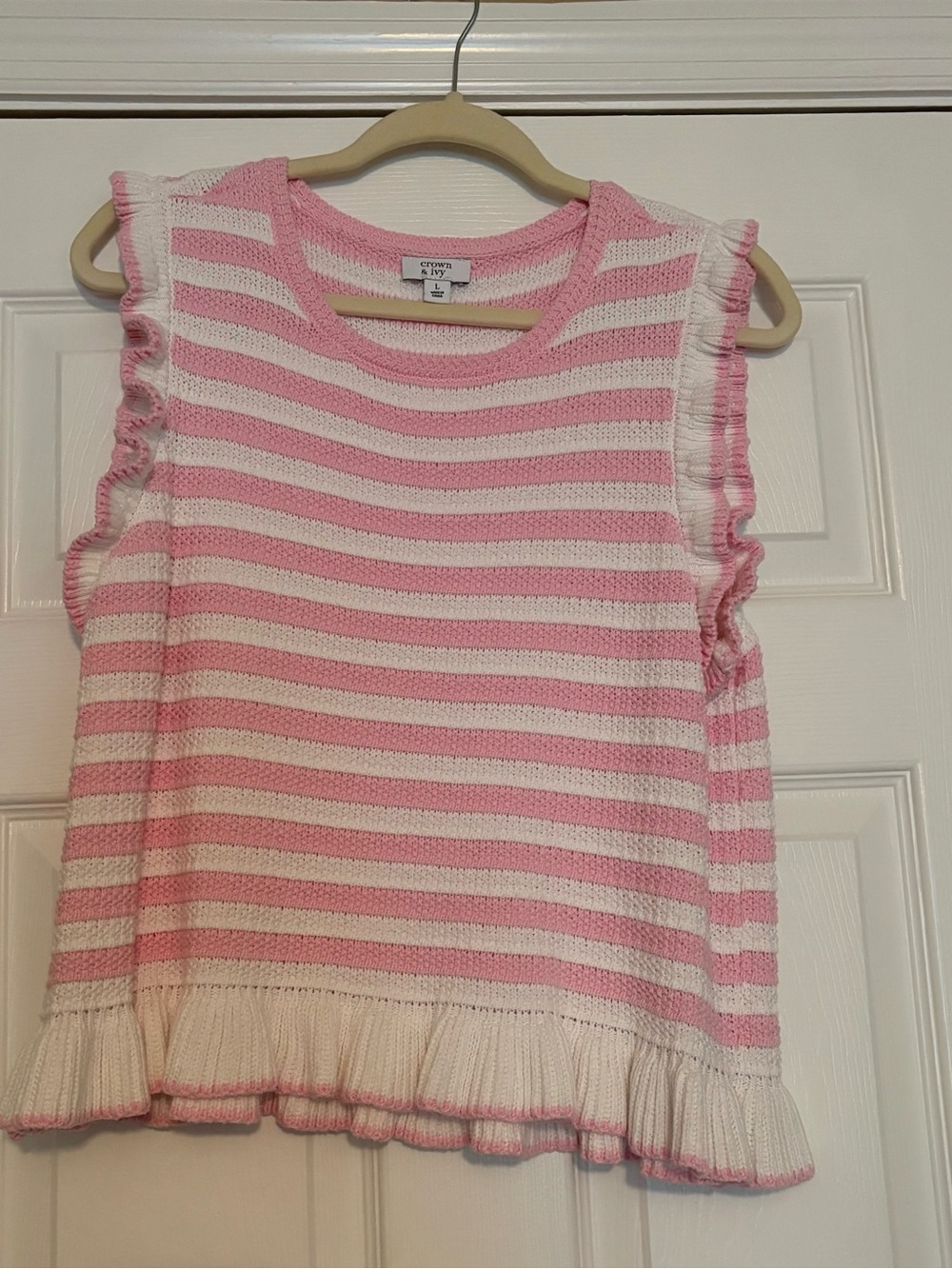 Crown & Ivy Pink & White Striped Ruffle Knit Tank
